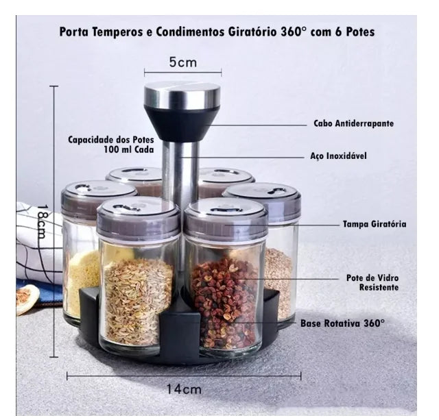 Porta Condimentos e Temperos Cozinha Giratória-6 Porta Copos + Suporte-Neverdie