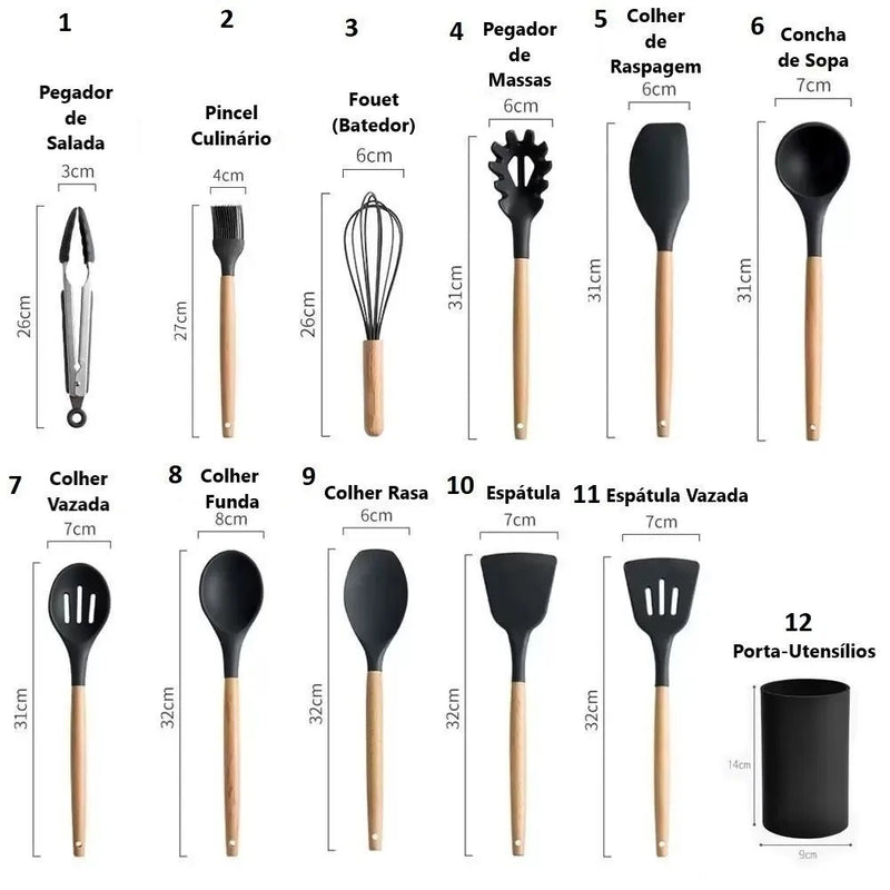 Kit de Utensílios de Cozinha Super Silicone com 12 Peças